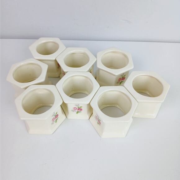 Vintage Set of 8 Cream Porcelain Pink Rose Cottage-core Napkin Rings - Picture 3 of 5